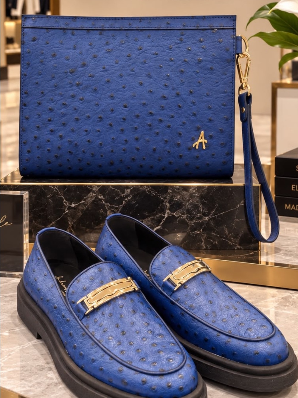 Men's Blue Textured ostrich print man purse with loafer